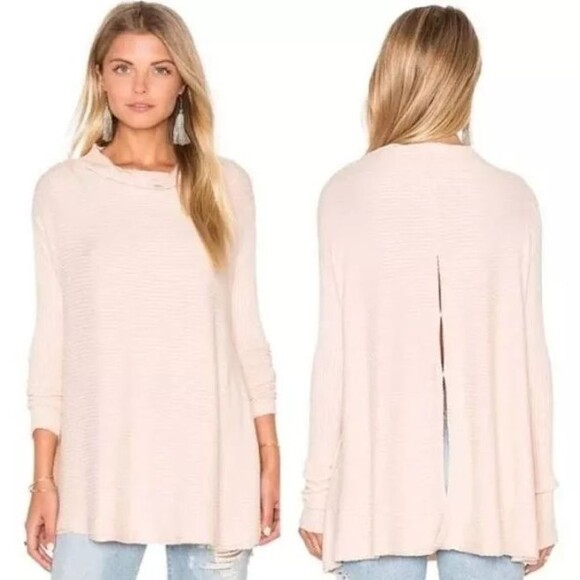 Free People Lover Sweater Top XS Pastel Pink Split Back Rib Knit Preppy Boho - Picture 1 of 12